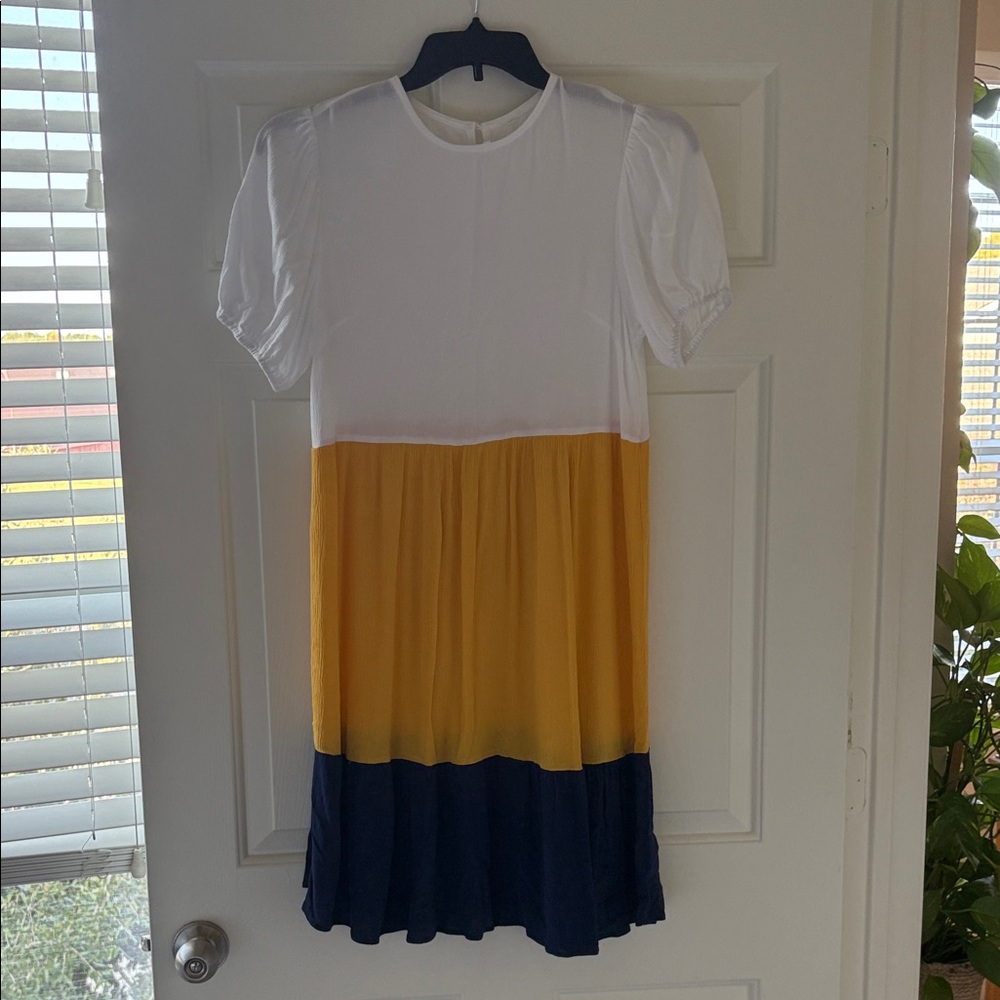 White, Yellow, and Navy Colorblock Dress